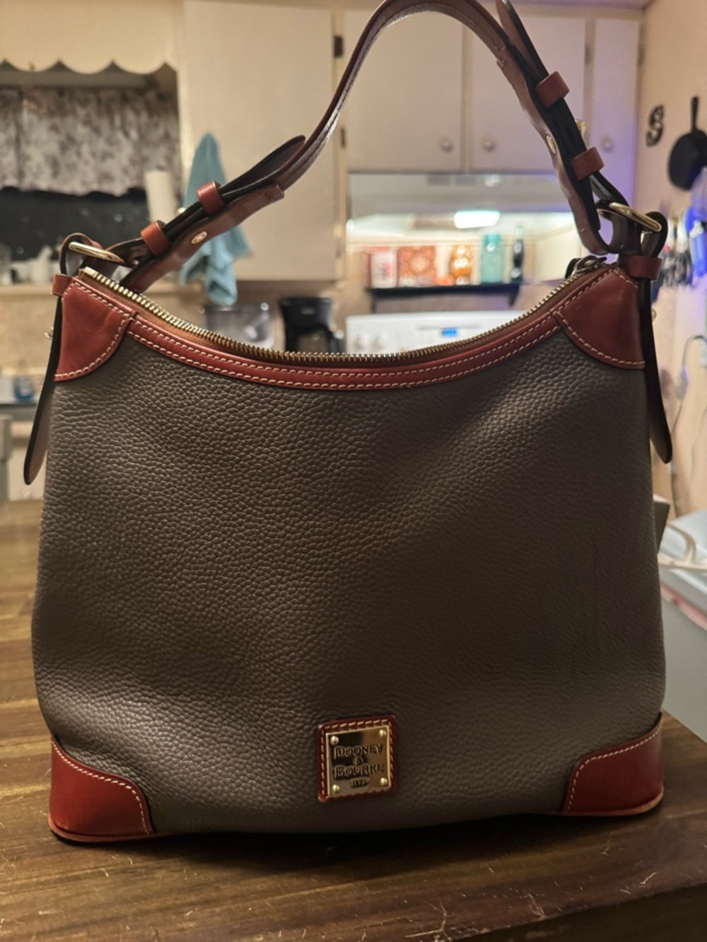 Dooney & Bourke elephant gray Leather Hobo with Red Trim
